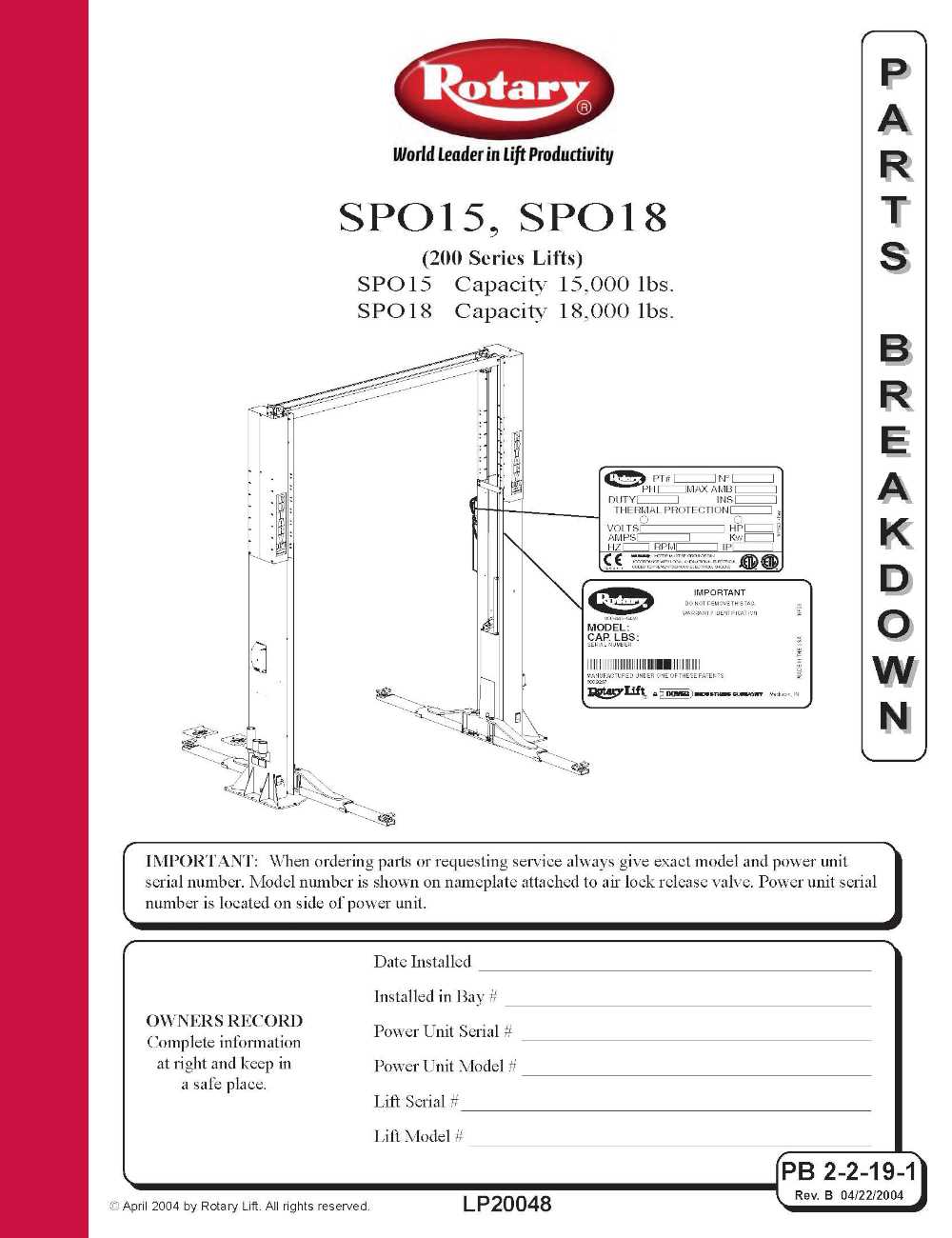 rotary lift parts diagram