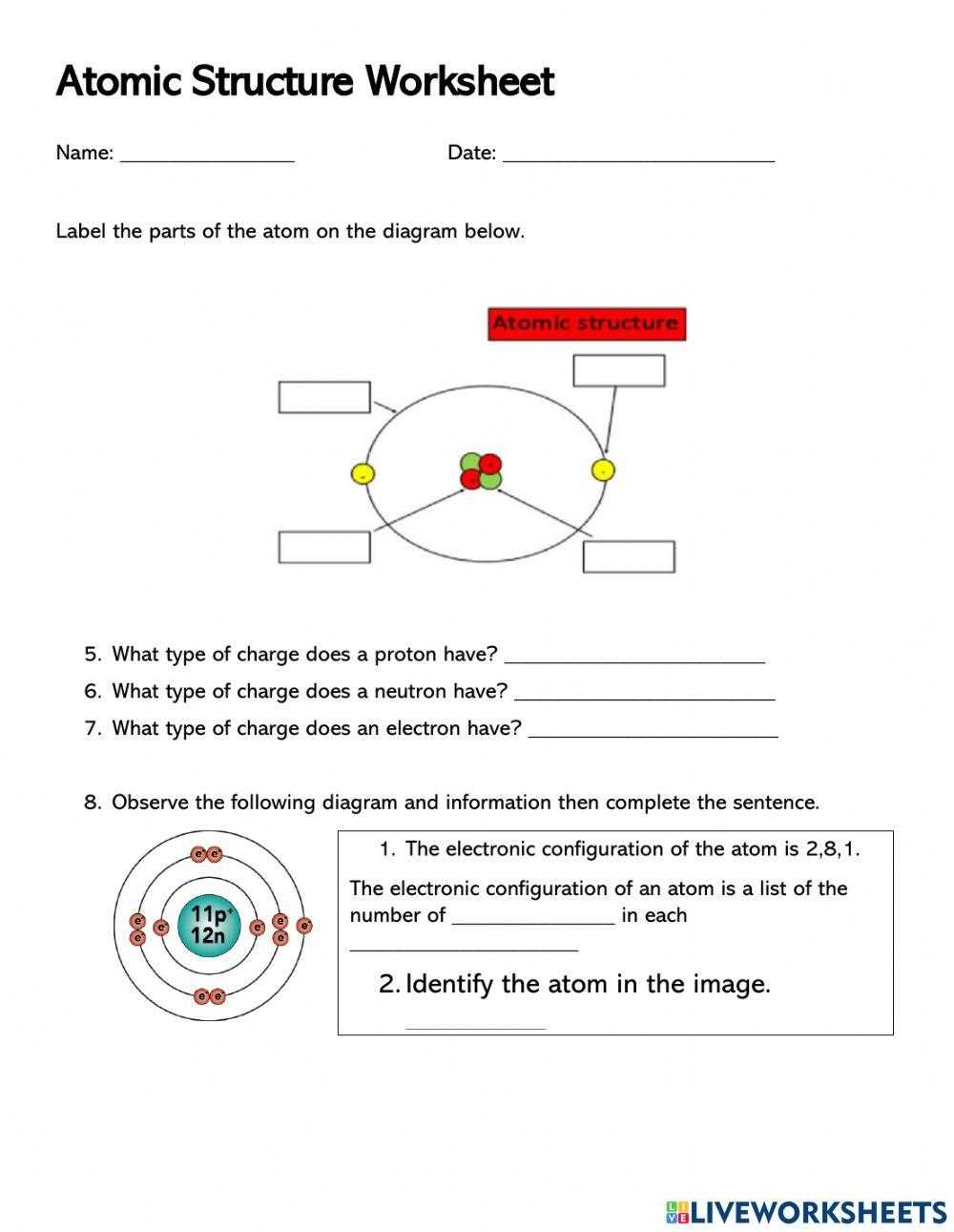 label the parts of an atom on the diagram below